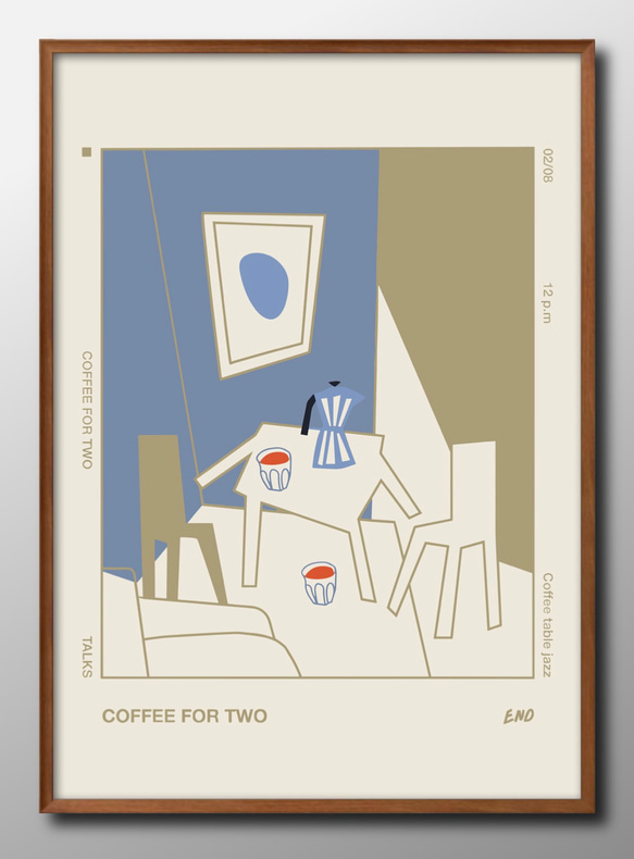 14320■アートポスター　絵画　A3サイズ『2杯のコーヒー　ジャズ　カフェ』イラスト　デザイン　上級マット紙　北欧 1枚目の画像