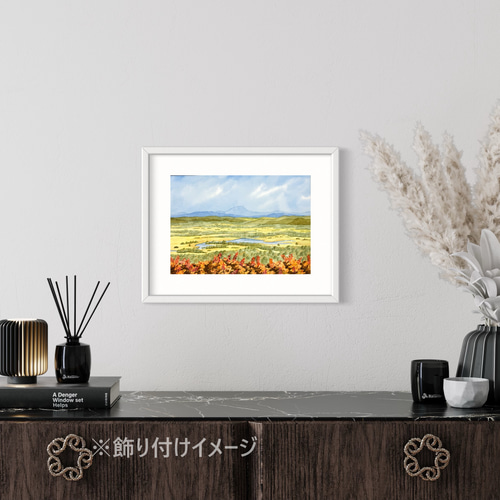 絵画 水彩画　初秋の風景 (原画) 釧路湿原・初秋」透明水彩画 原画 風景画 額縁付 F4サイズ 絵画