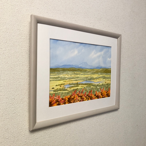 釧路湿原・初秋」透明水彩画 原画 風景画 額縁付 F4サイズ 絵画
