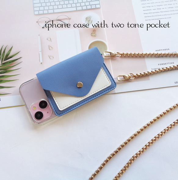 【iphone各種】バイカラー カード収納ポケット ♥ レザー調 ブルー クリアケース付き 選べるストラップ 1枚目の画像