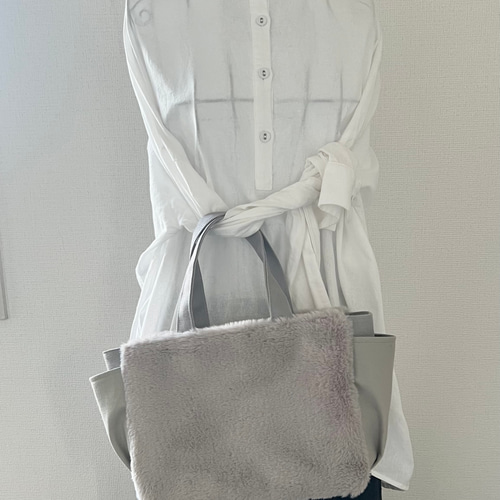 Sサイズ】グレー ふわふわラビットファー バッグ 8号倉敷帆布使用