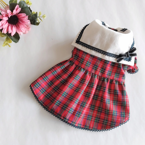 犬服ハンドメイドタータンワンピ