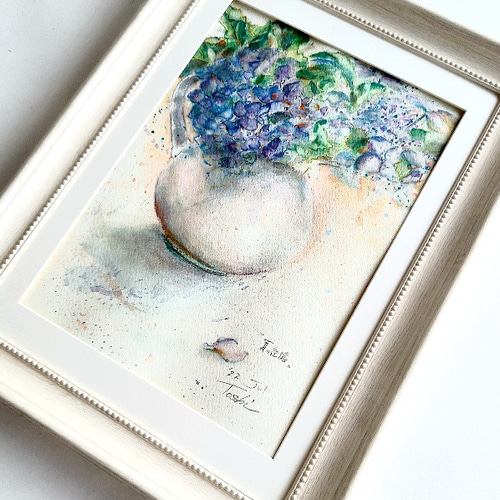【原画販売】青い紫陽花の水彩画 透明水彩画 紫陽花（あじさい）F10サイズ 額縁付 原画 新築