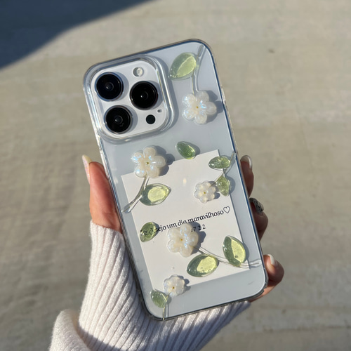 R118ホワイトオーロラフラワーケース クリアケース iPhone全機種