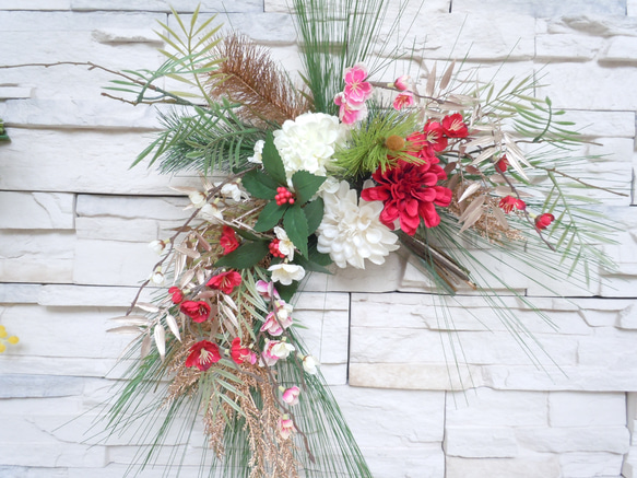 ◇豪華＊お正月リース＊ダリア＆梅◇和風アレンジ 壁掛け ジャパニーズ