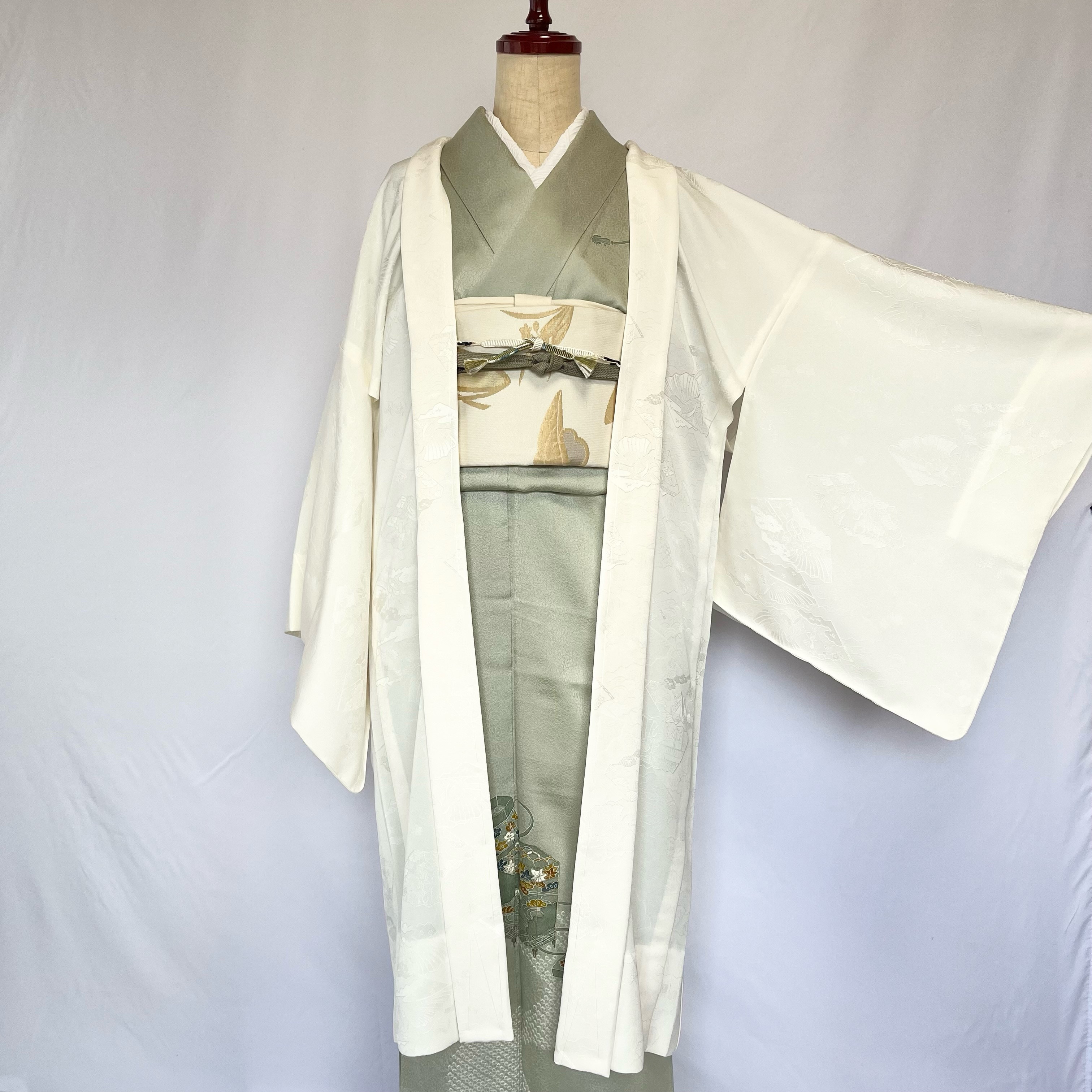 新品 正絹 単衣 女物 長羽織 白 扇 着物 haori しば田（お休み