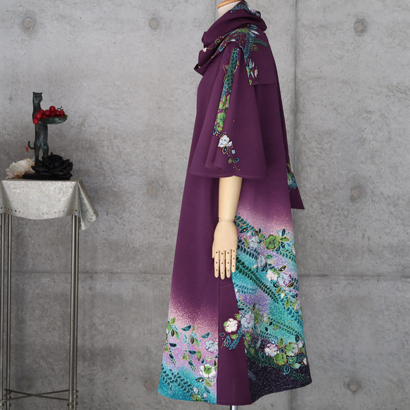 フリル袖のチュニックワンピース/辻が花　フリーサイズ　 ストール付き　着物リメイク　 kimono 6枚目の画像
