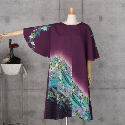 着物リメイク　ワンピース　辻ヶ花　ドレス　チュニック　正絹　ハンドメイド 着物リメイク 辻ヶ花 チュニックワンピース フリーサイズ kimono