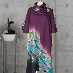 フリル袖のチュニックワンピース/辻が花　フリーサイズ　 ストール付き　着物リメイク　 kimono 5枚目の画像