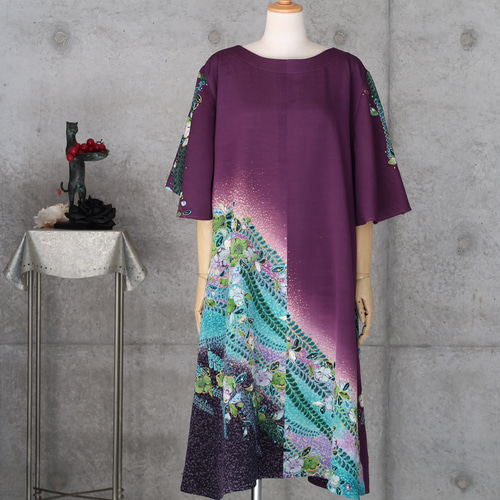 フリル袖のチュニックワンピース/辻が花 フリーサイズ ストール付き