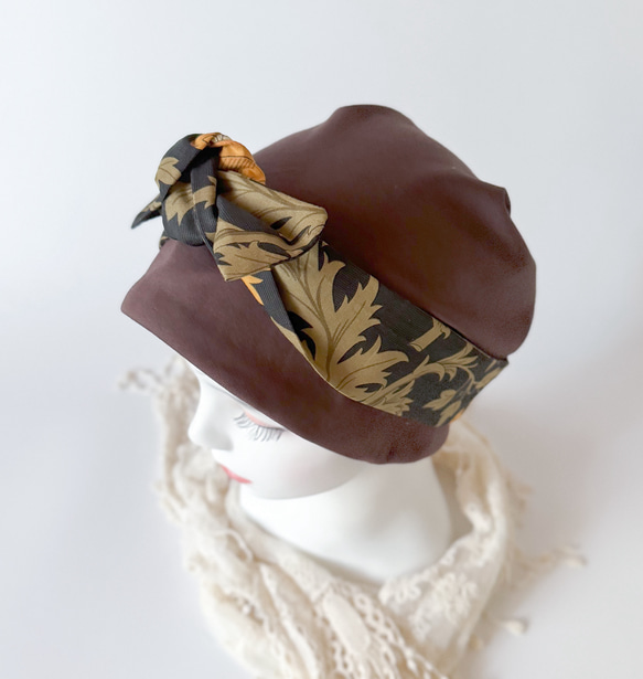 ❤︎エレガント ターバン風　ニット キャップ　チョコレートブラウン✖️ アネモネブラック　ケア帽子　母のプレゼント 1枚目の画像