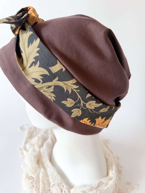 ❤︎エレガント ターバン風　ニット キャップ　チョコレートブラウン✖️ アネモネブラック　ケア帽子　母のプレゼント 3枚目の画像