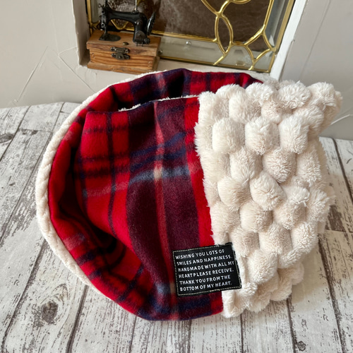 ポップコーンボア×チェック可愛い♡ネックウォーマースヌード スヌード