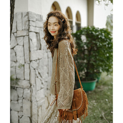 秋 レトロ ラウンドネック カットアウトウールニット ブラウス 長袖