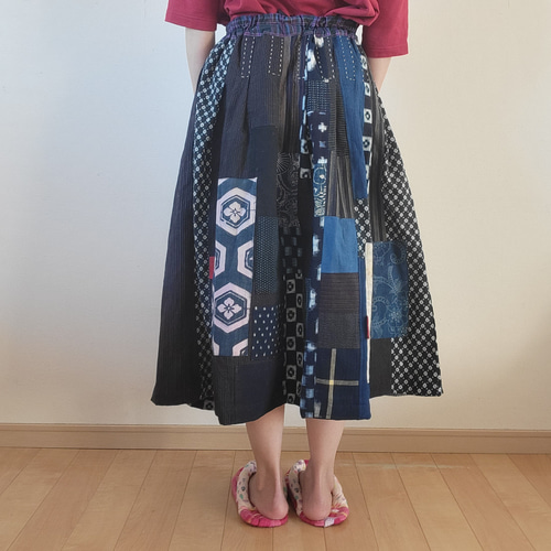 古布 リメイク 手作り いろいろな絣 パッチ スカート ワンピース  