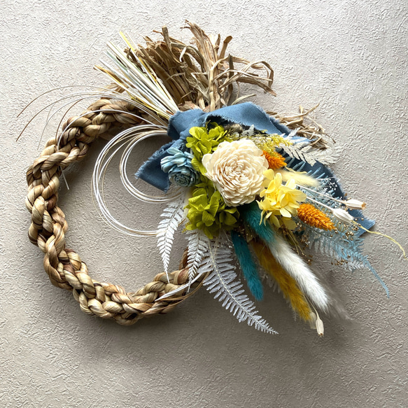 しめ縄飾り　外して飾れる2ウエイタイプ ボード付き　ブルー系 2wayしめ縄 しめ縄飾り しめ縄リース 2024 2way しめ縄リース ブルー