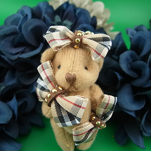 バッグチャーム くまさん ぬいぐるみ タータンチェック ブラウン キー