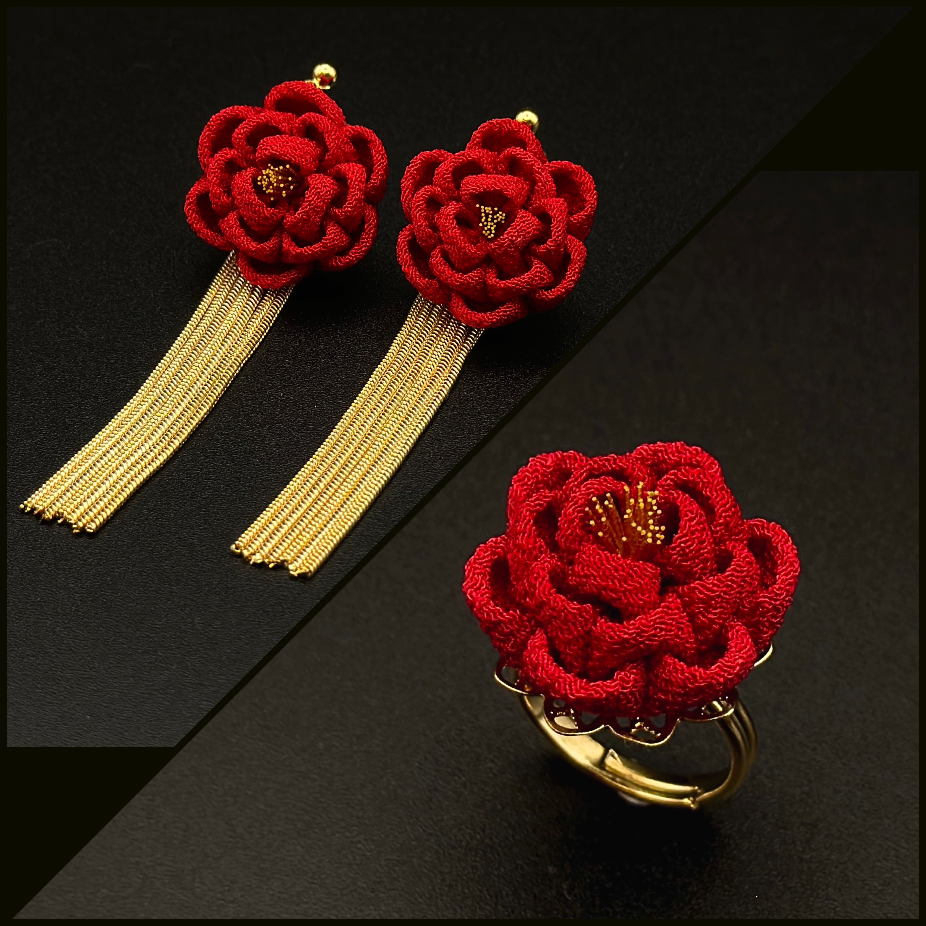 須臾の耳飾※ピアス& 須臾の指環のセット　福袋  /つまみ細工　アクセサリー　日本　和装　着物　結婚式　成人式　椿　バラ