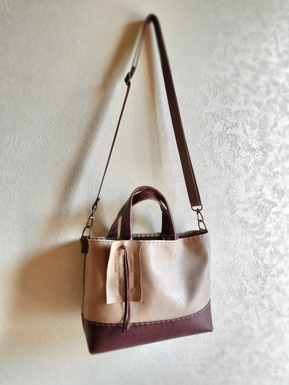 mainichi tote shoulder　パールグレイ✗チョコ　ピッグスキンレザー 12枚目の画像