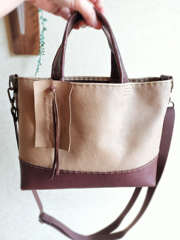 mainichi tote shoulder　パールグレイ✗チョコ　ピッグスキンレザー 10枚目の画像