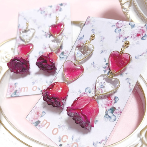 ドライフラワーローズと2連ハートのピアス イヤリング / フレンチ  