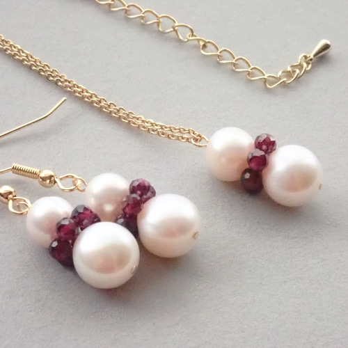 大粒淡水パール✕ガーネットの花 ジュエリーセット 6月誕生石 1月  