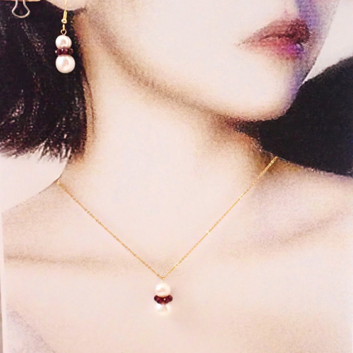 大粒淡水パール✕ガーネットの花 ジュエリーセット 6月誕生石 1月  