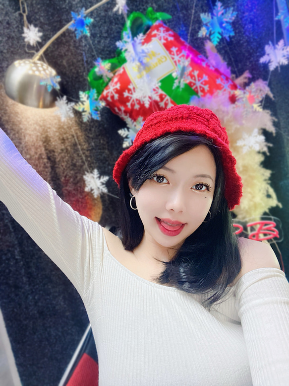 烈焰火紅青春冬日手札棉料粗線手織圓頂帽漁夫帽 picture hat/cloche 第10張的照片