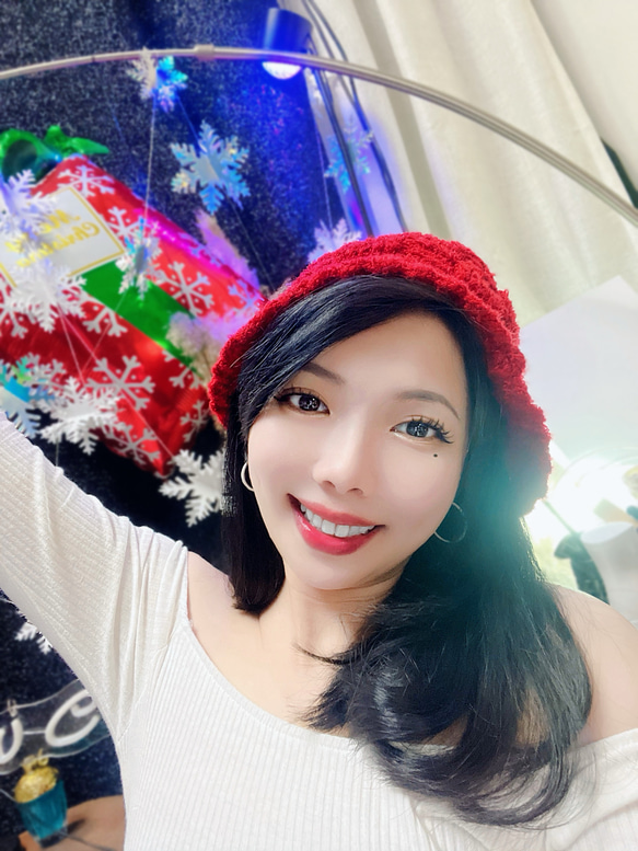 烈焰火紅青春冬日手札棉料粗線手織圓頂帽漁夫帽 picture hat/cloche 第8張的照片