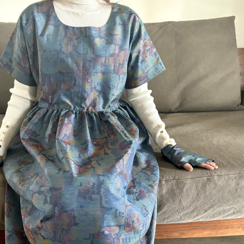 一点モノ】大島紬 着物リメイク ギャザー ワンピース & スヌード  