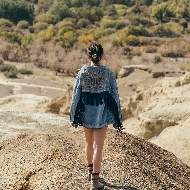 インディアンエスニックスタイル　　ヴィンテージ　刺繍　フリンジ　ラペル　デニムジャケット