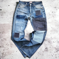 刺し子 パッチワーク Levi's501 W36 リメイク デニムパンツ