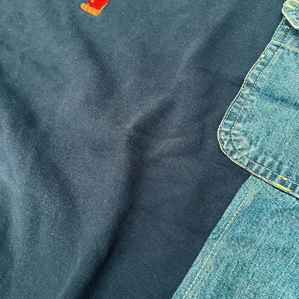 リメイク　アップリケスウェット x デニムシャツ　ワイドプルオーバー（男女兼用）R-1874J⑨　エコ サステナビリティ 4枚目の画像