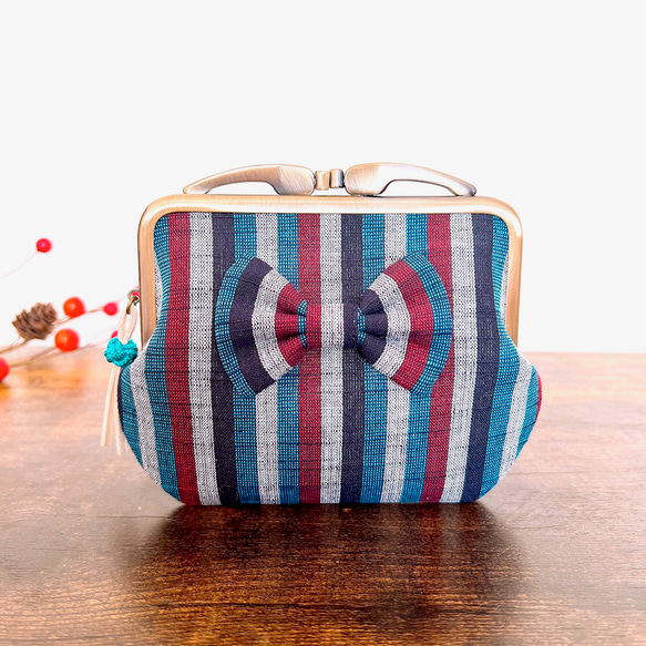 会津木綿＊リボンが可愛いコンパクトな親子がま口財布（てり縞