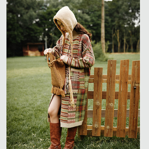 秋冬 日系 ヴィンテージ パッチワーク柄 モックネック ゆったり ニット