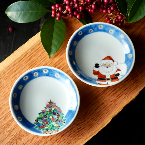 クリスマス豆皿2枚組セットB（サンタ＆ツリー）各約9.7cm 薬味皿・豆皿