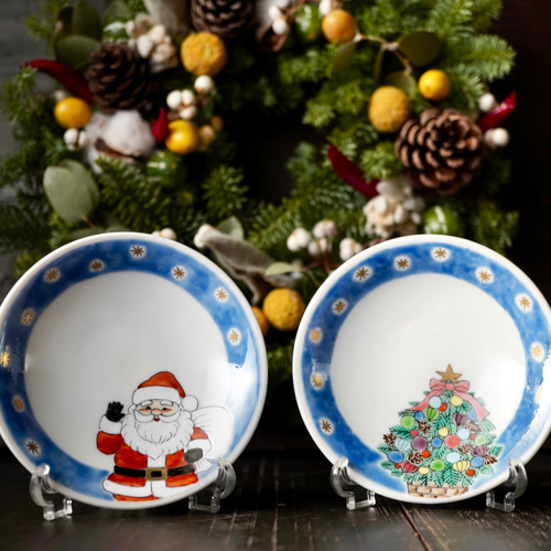 クリスマス豆皿2枚組セットB（サンタ＆ツリー）各約9.7cm 薬味皿・豆皿