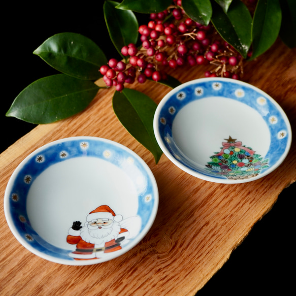 クリスマス豆皿2枚組セットB（サンタ＆ツリー）各約9.7cm 9枚目の画像