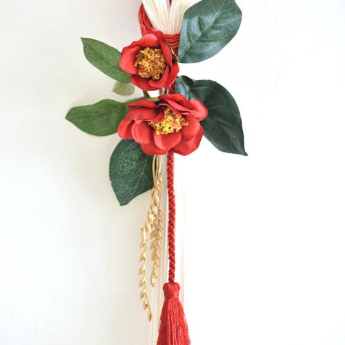 正月飾り レッド×ホワイト(椿) 水引壁飾り（50cm ロング） ver.2026