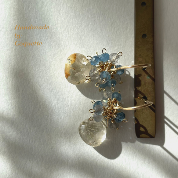 『王妃の耳飾り』宝石質AAAルチルクオーツ×ディープアクアマリン　ピアス/イヤリング 4枚目の画像