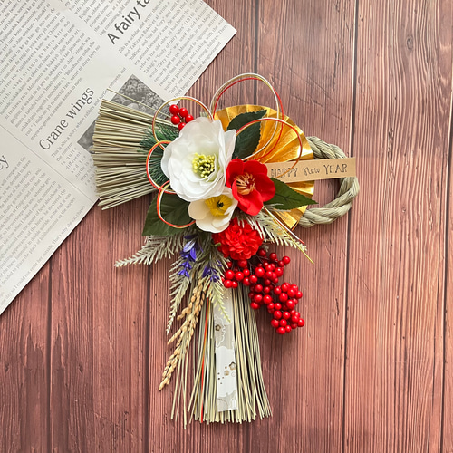 しめ縄 紅白 ハンドメイド 椿 フラワー リース 正月 正月飾り タッセル