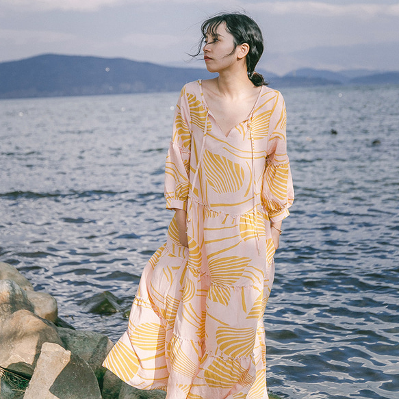 リゾートスタイル シーサイドビーチワンピース Vネック ゆったり