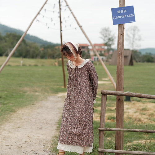 森ガール スイートなスタイル 花柄 レースパッチワーク 人形の襟 長袖