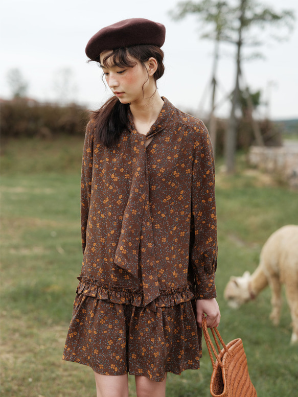 秋 ヴィンテージ メイラード ガーリッシュ 花柄 リボン付き ゆったり