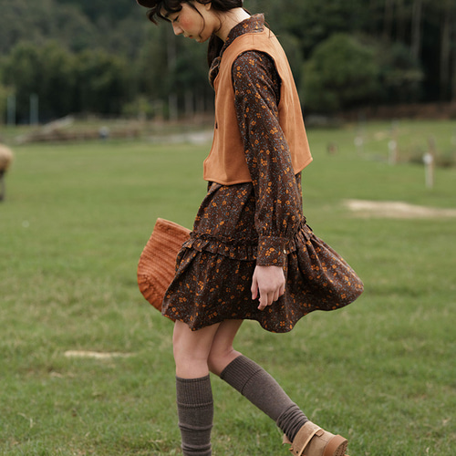 秋 ヴィンテージ メイラード ガーリッシュ 花柄 リボン付き ゆったり