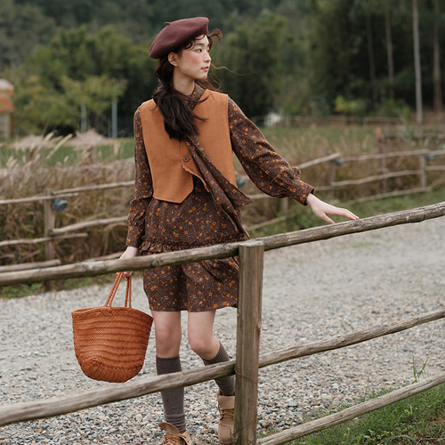 秋 ヴィンテージ メイラード ガーリッシュ 花柄 リボン付き ゆったり