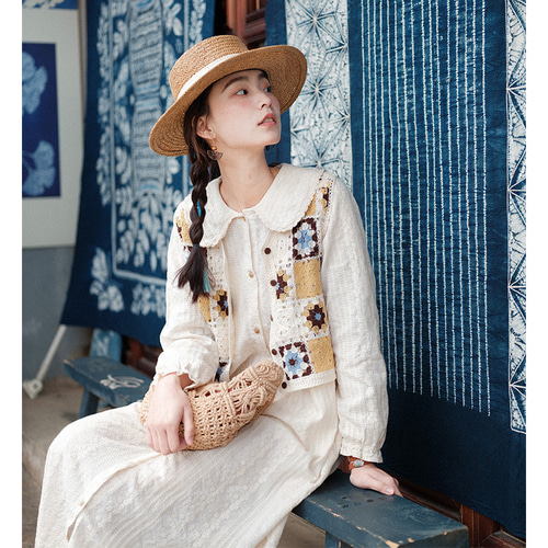 春 森ガール スイートなスタイル 人形の襟 刺繍 長袖 ゆったり ロング