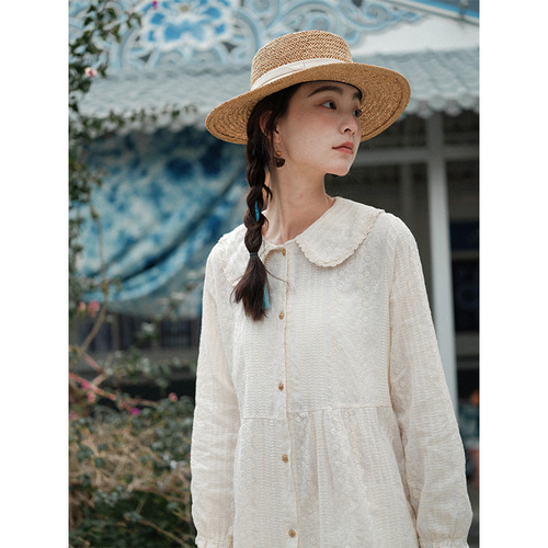 春 森ガール スイートなスタイル 人形の襟 刺繍 長袖 ゆったり ロング