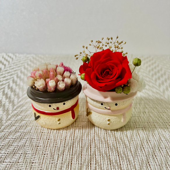 冬のインテリア！雪だるまポットプリザーブドフラワーアレジメント