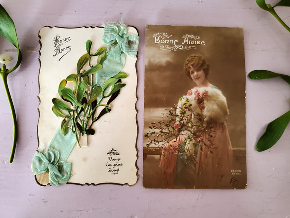 フランス 1900-40年 Bonne Année ポストカード 女性とヤドリギ 4枚目の画像